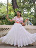 Awesome White Rayon Kutchi Gamthi Work Festival Wear Gown