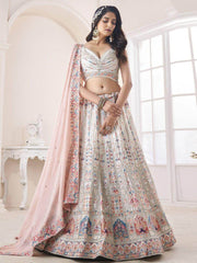 Astounding White Sequined Work Net Engagement Wear Lehenga Choli