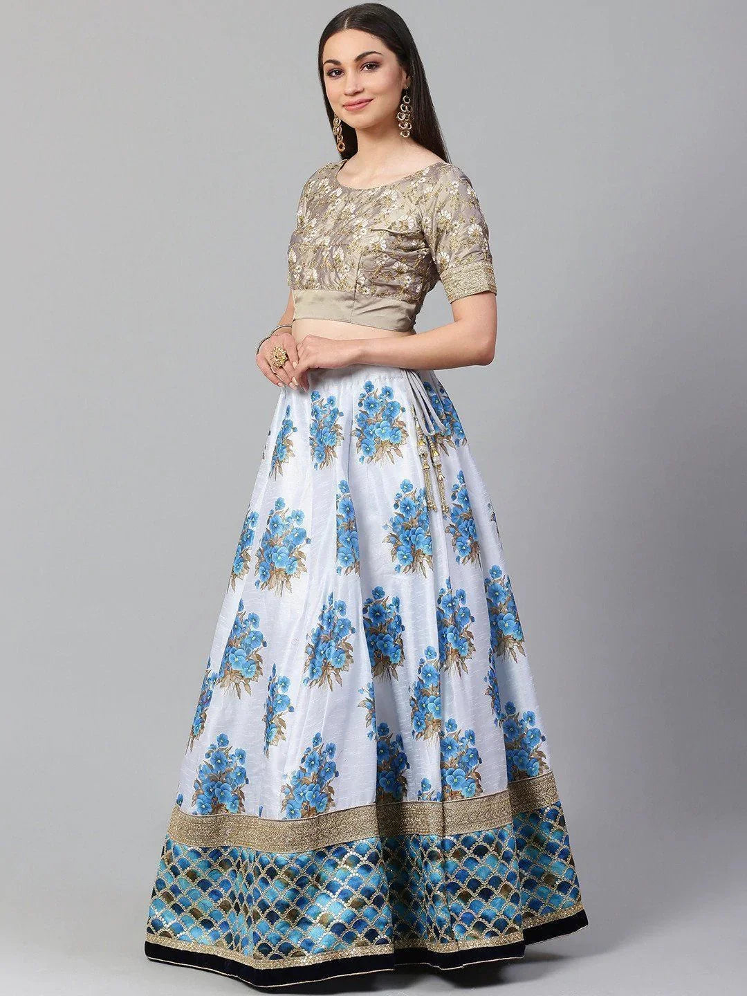 White & Taupe Embroidered Semi-Stitched Myntra Lehenga & Unstitched Blouse with Dupatta