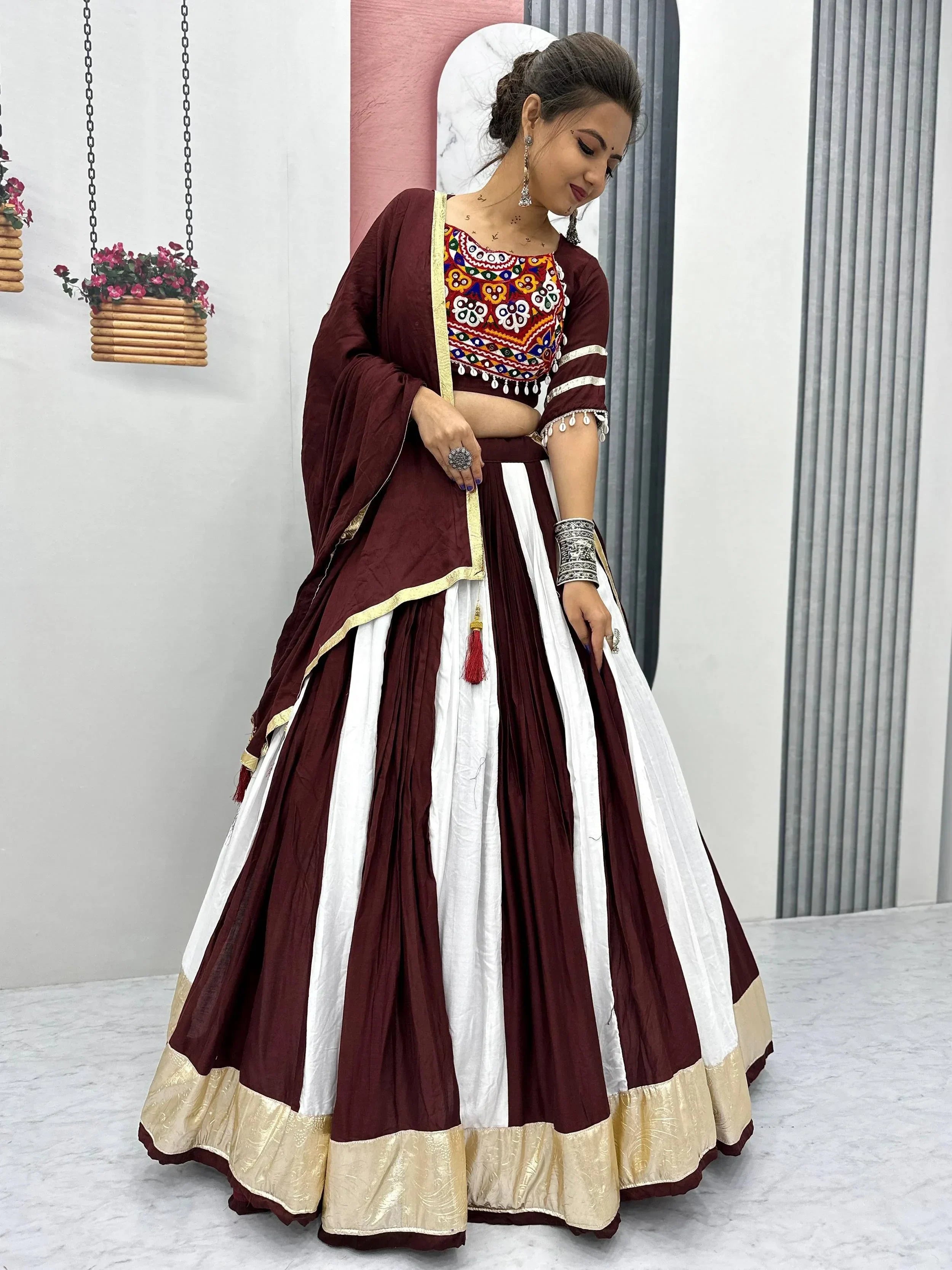 Stunning Maroon Cotton Gamthi Work Navratri Wear Lehenga Choli