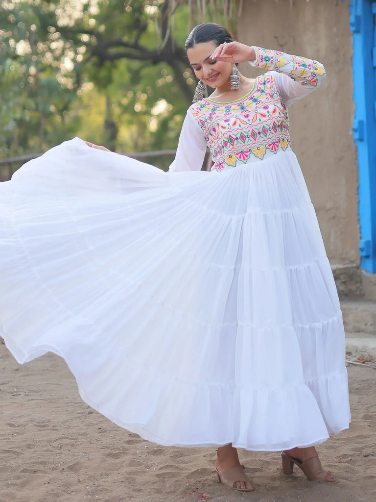 Gorgeous White Kutchi Work Georgette Navratri Special Gown