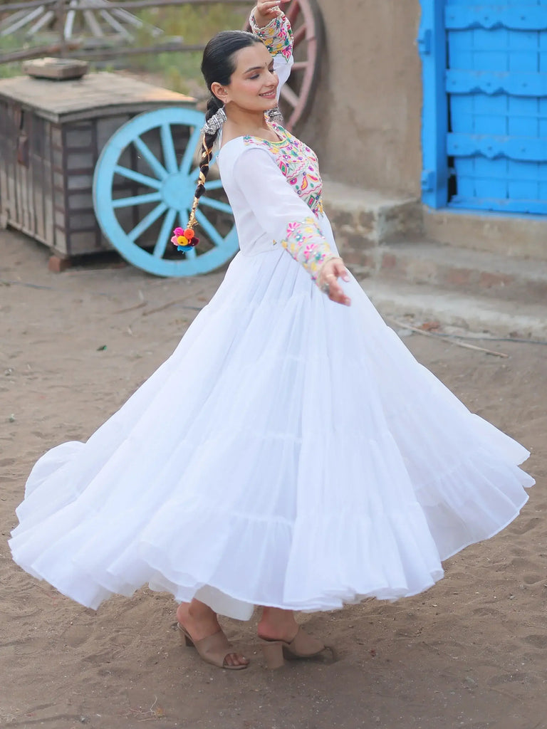 Gorgeous White Kutchi Work Georgette Navratri Special Gown