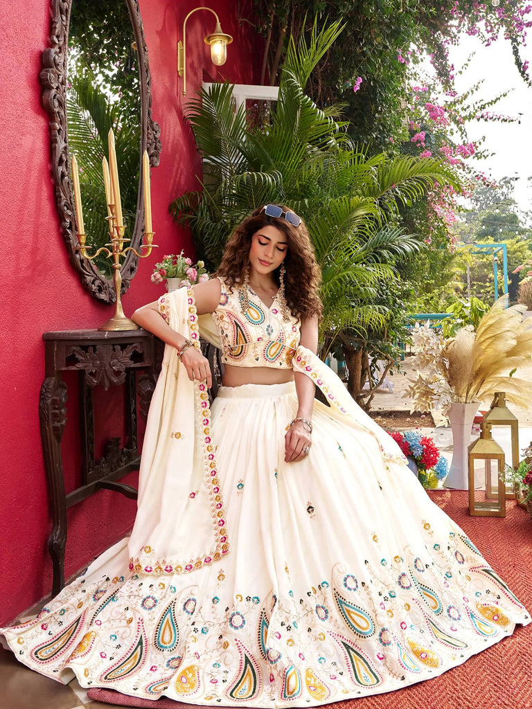 Glamorous White Embroidered Silk Wedding Wear Lehenga Choli