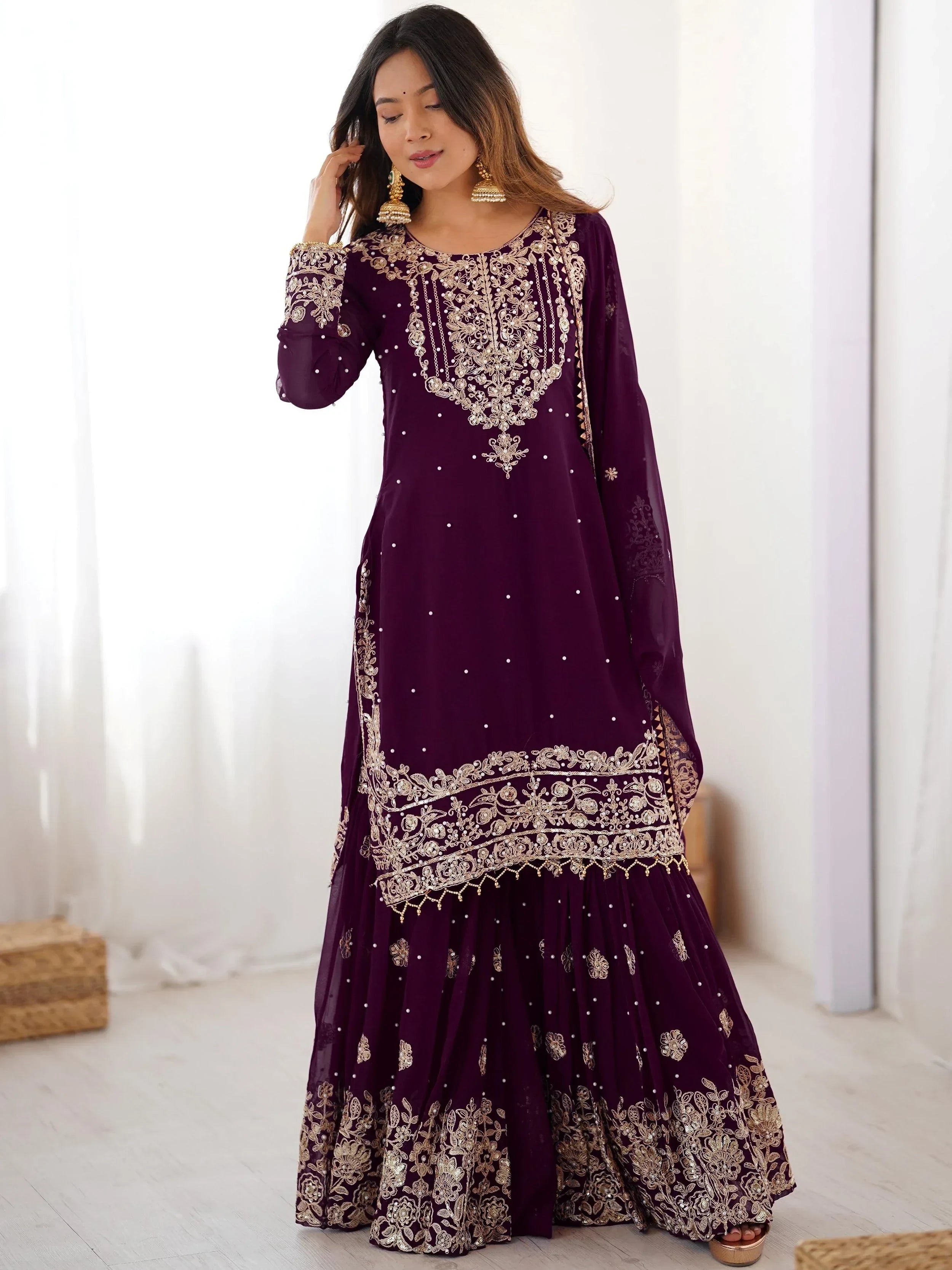 Glamorous Wine Embroidered Georgette Function Wear Sharara Suit 