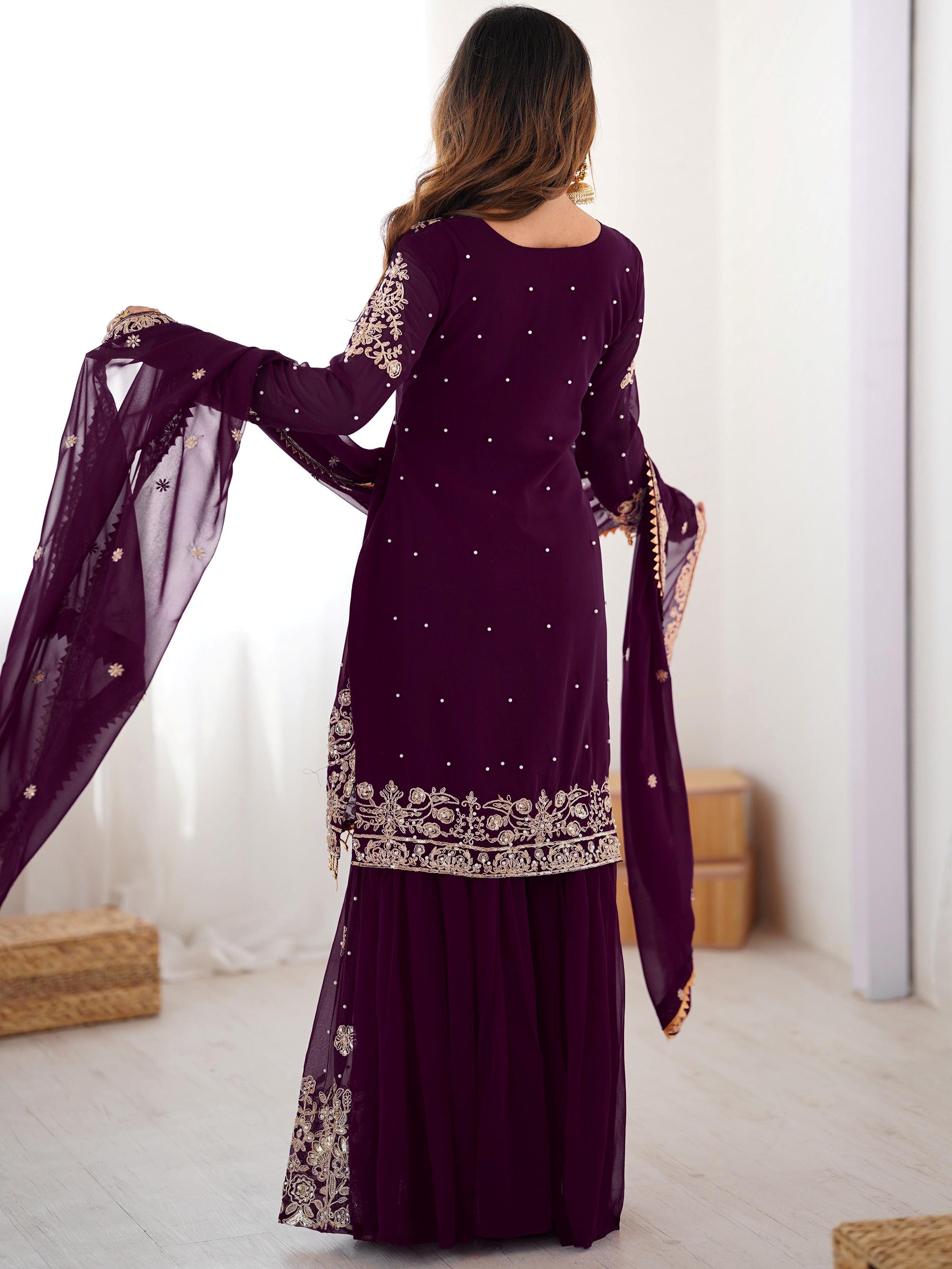 Glamorous Wine Embroidered Georgette Function Wear Sharara Suit 