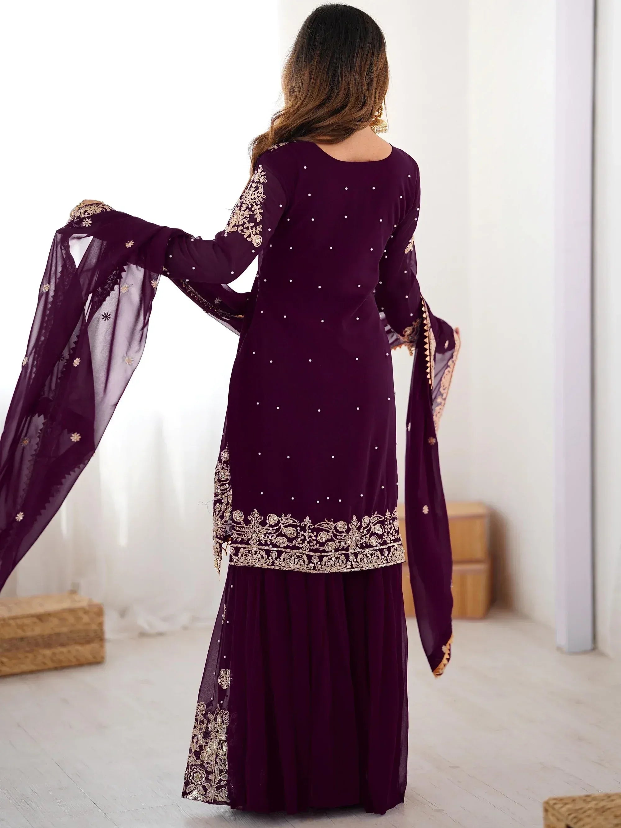 Glamorous Wine Embroidered Georgette Function Wear Sharara Suit 