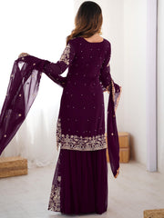 Glamorous Wine Embroidered Georgette Function Wear Sharara Suit 