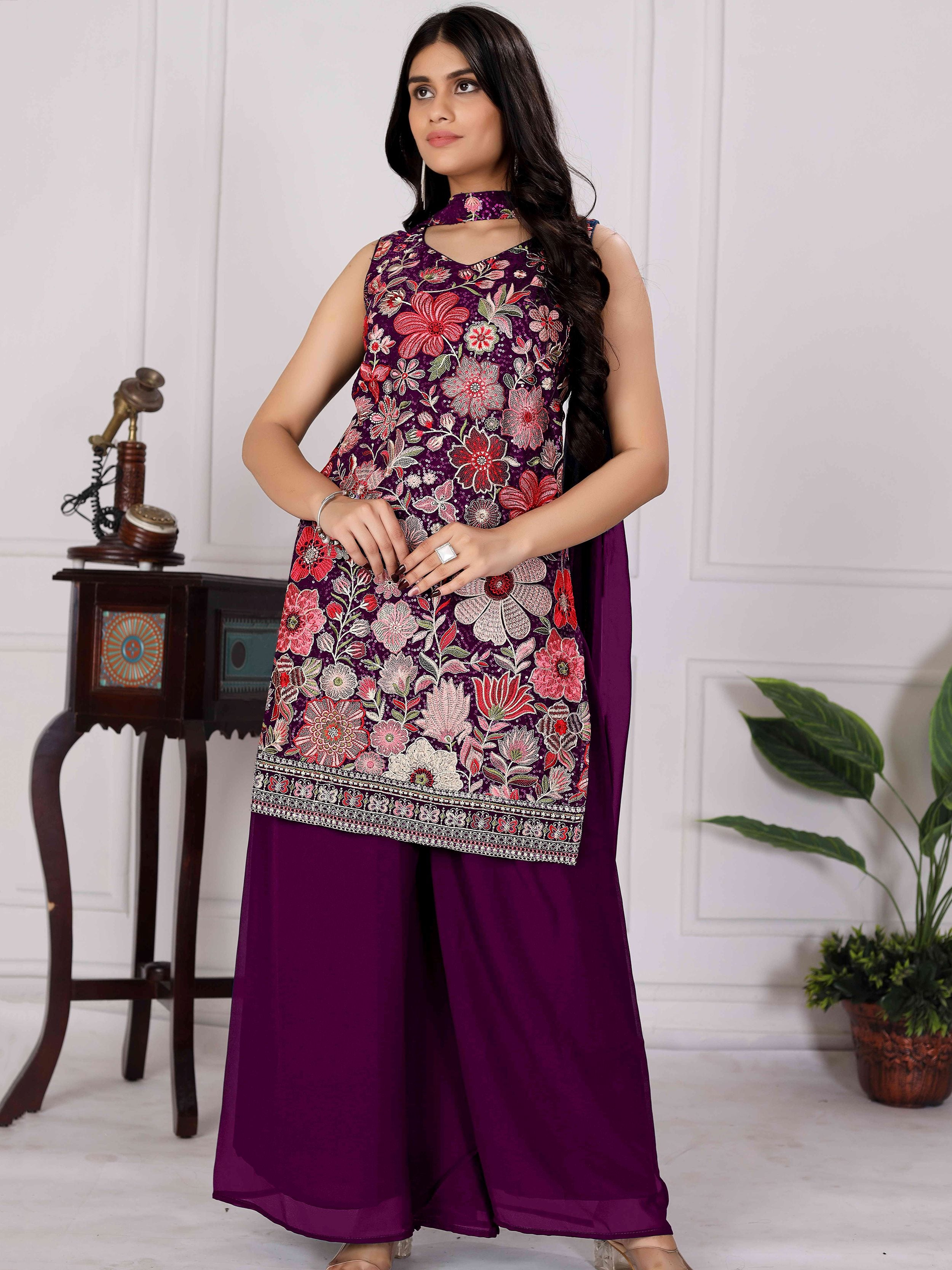 Captivating Wine Embroidered Georgette Festival Wear Palazzo Suit