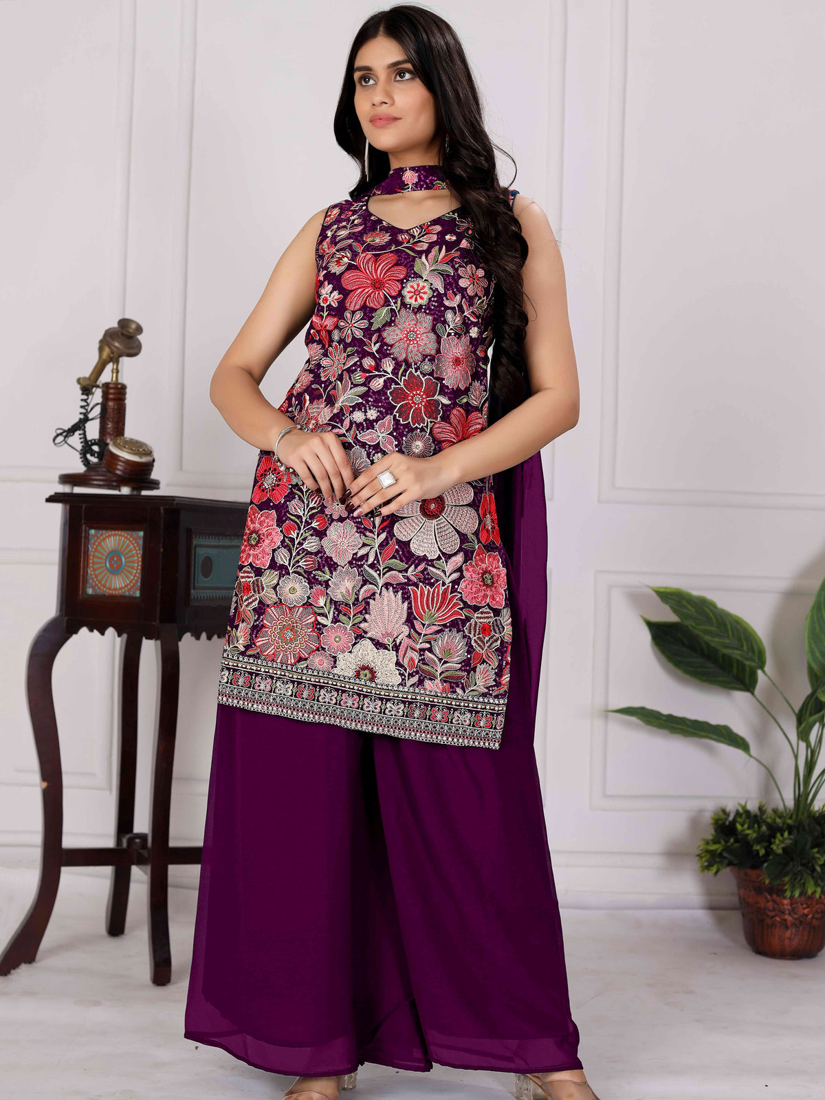 Captivating Wine Embroidered Georgette Festival Wear Palazzo Suit