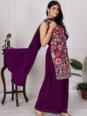 Captivating Wine Embroidered Georgette Festival Wear Palazzo Suit
