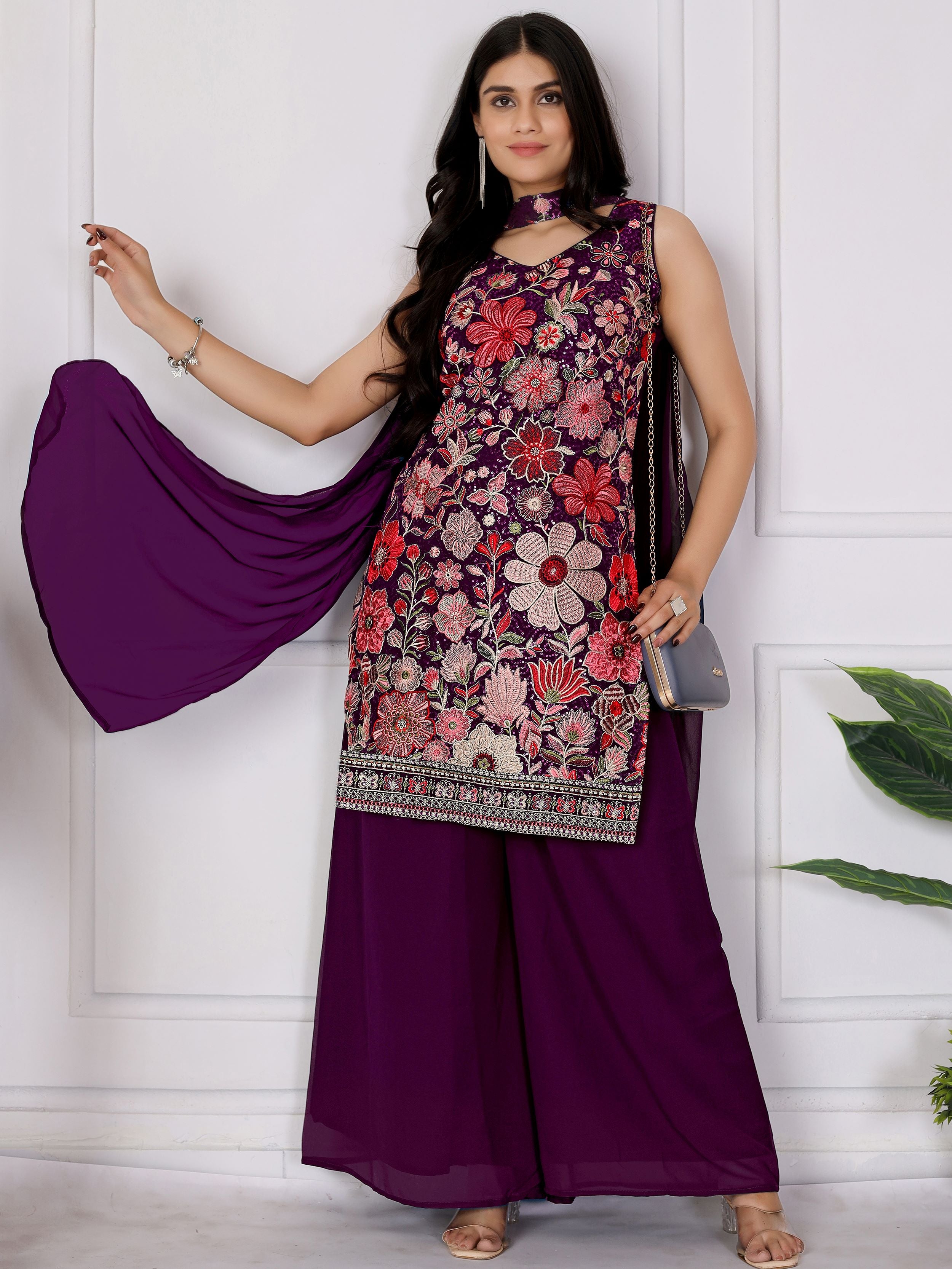 Captivating Wine Embroidered Georgette Festival Wear Palazzo Suit