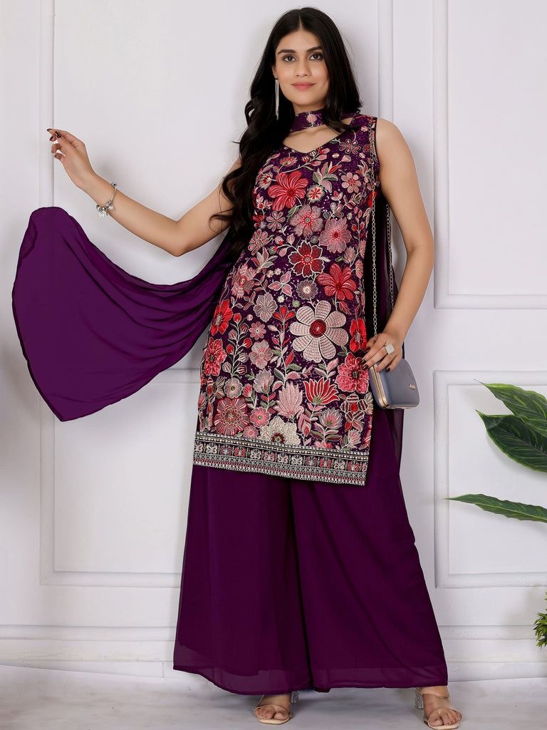 Captivating Wine Embroidered Georgette Festival Wear Palazzo Suit