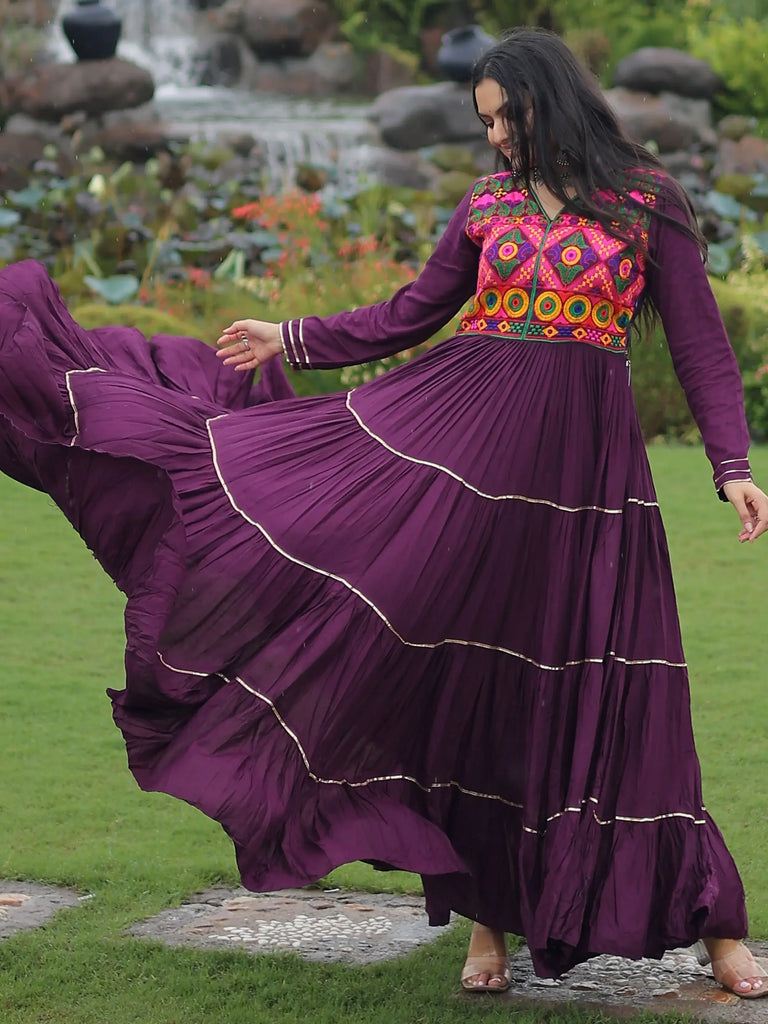 Adorable Wine Rayon Mirror Work Navratri Wear Layered Gown