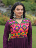 Adorable Wine Rayon Mirror Work Navratri Wear Layered Gown