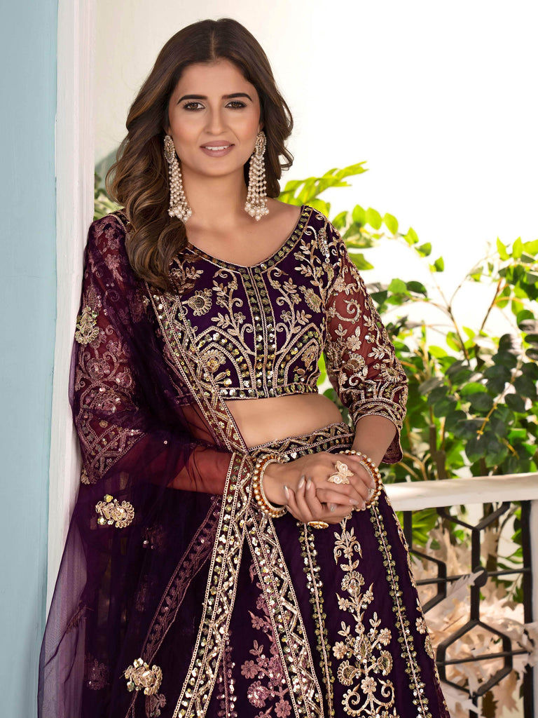 Captivating Wine Net Sequins Embroidered Bridemaids Lehenga Choli