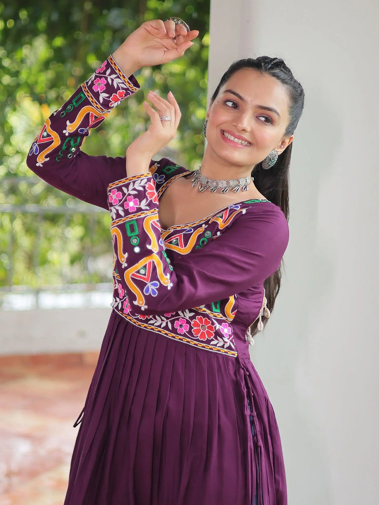 Pretty Wine Kutchi Work Rayon Festival Wear Nayra Cut Kurti