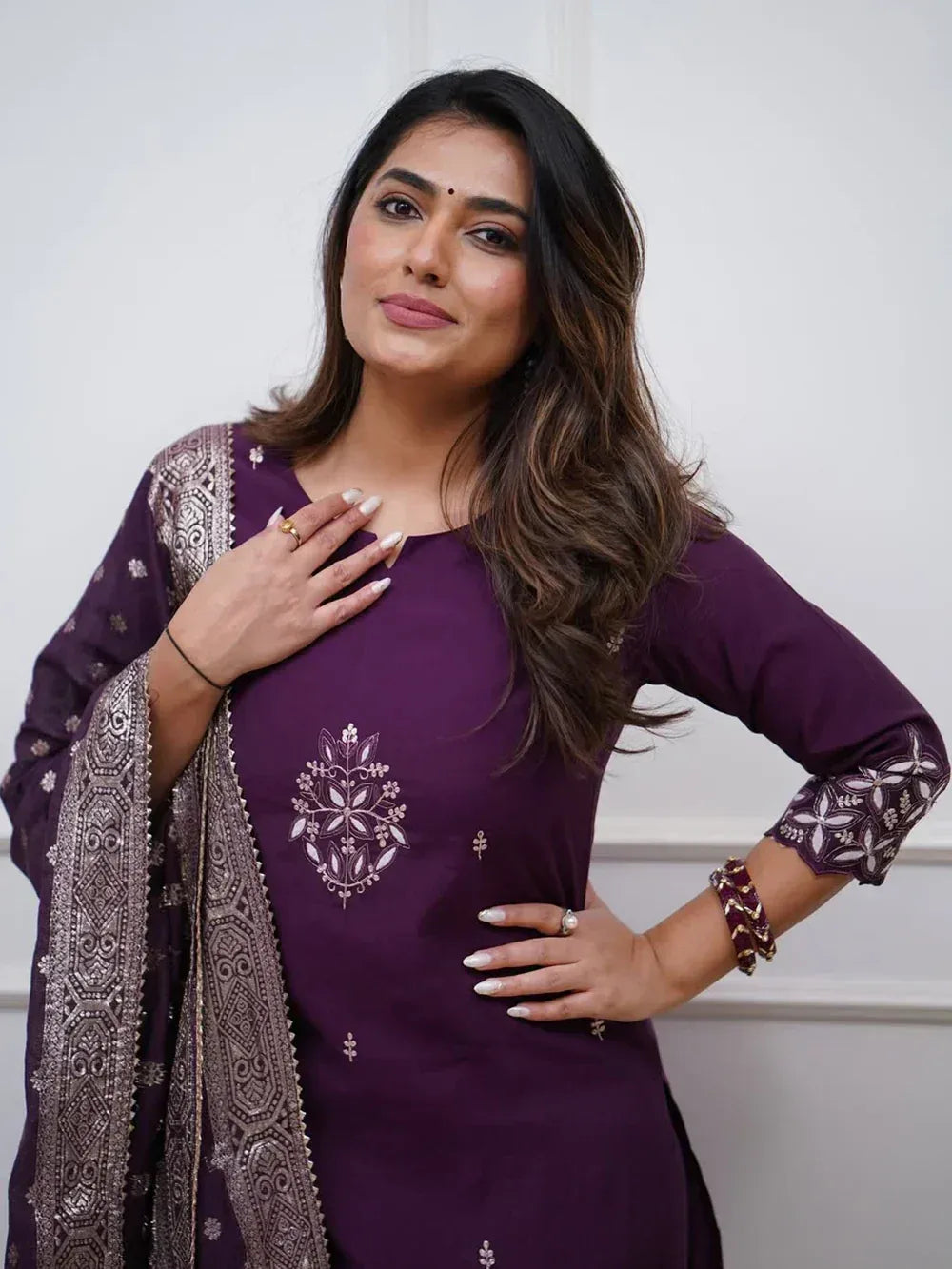 Purple embroidered ethnic kurti with matching dupatta, perfect for Indian festive wear