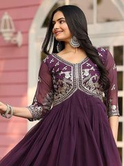 Pretty Wine Georgette Sequins Work Festival Wear Gown