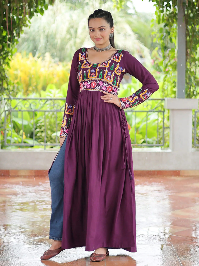 Pretty Wine Kutchi Work Rayon Festival Wear Nayra Cut Kurti