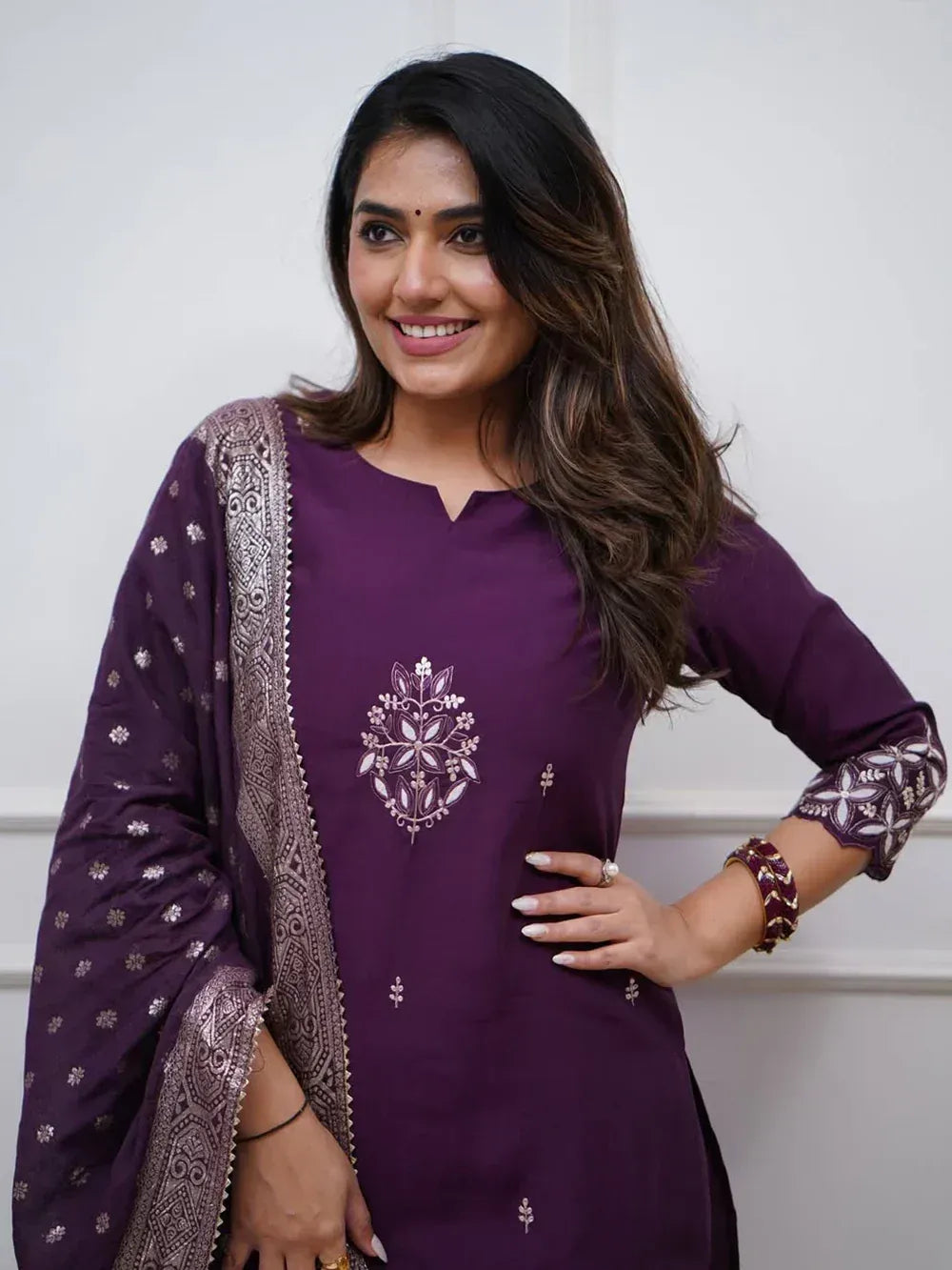 Purple embroidered kurta with matching dupatta, ethnic Indian wear for women