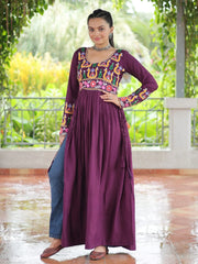 Pretty Wine Kutchi Work Rayon Festival Wear Nayra Cut Kurti