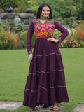 Adorable Wine Rayon Mirror Work Navratri Wear Layered Gown