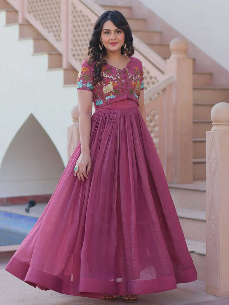 Classy Onion Pink Organza Embroidered Festival Wear Gown With Koti