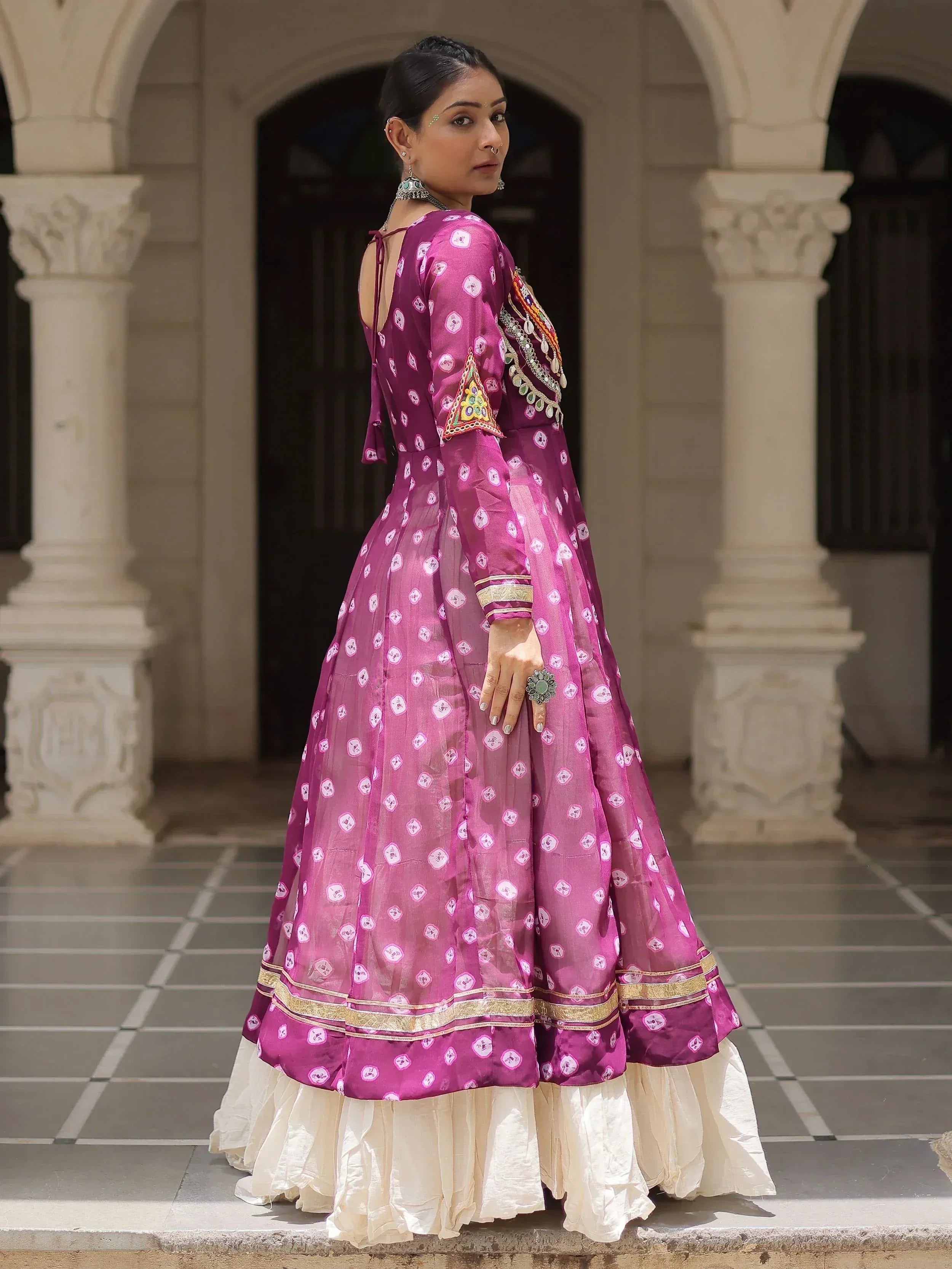 Purple printed anarkali with gold trim and mirror work, Indian ethnic wear for women