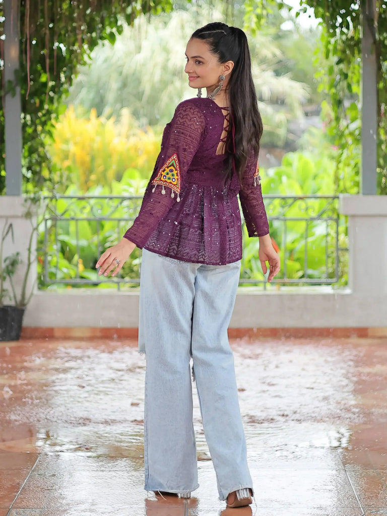 Marvelous Purple Schiffli Work Navratri Wear Peplum Top