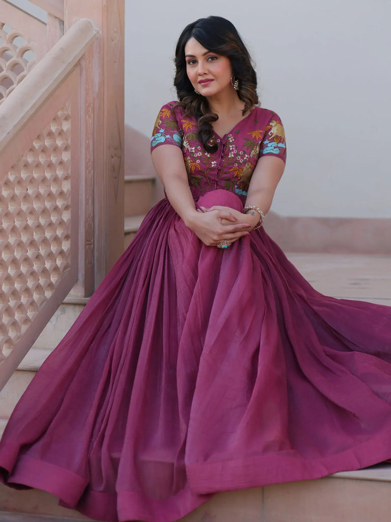 Classy Onion Pink Organza Embroidered Festival Wear Gown With Koti