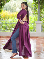 Pretty Wine Kutchi Work Rayon Festival Wear Nayra Cut Kurti