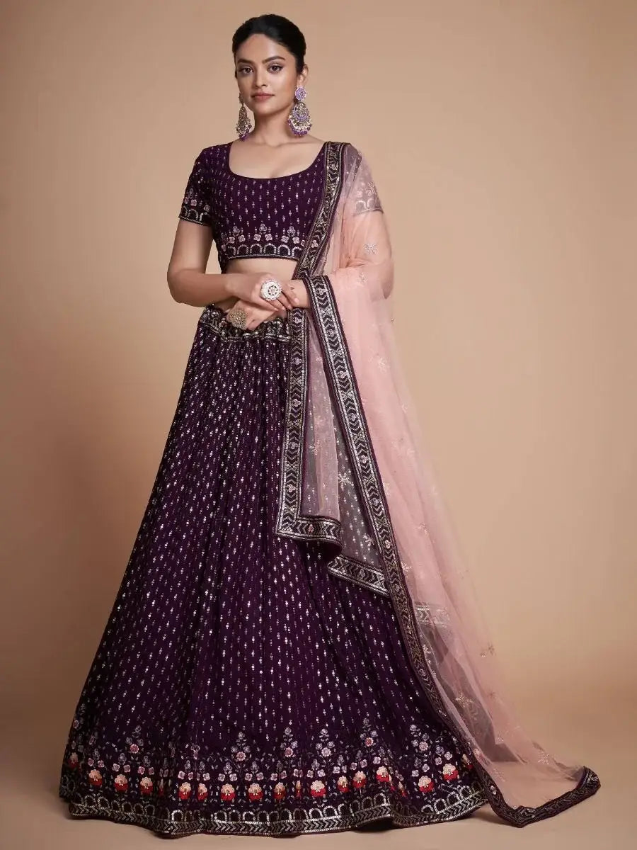 Fantastic Wine Thread Embroidery Georgette Sangeet Party Lehenga Choli