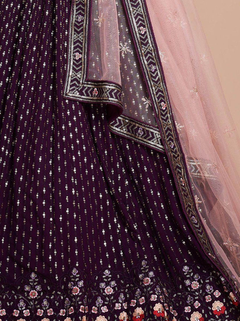 Fantastic Wine Thread Embroidery Georgette Sangeet Party Lehenga Choli