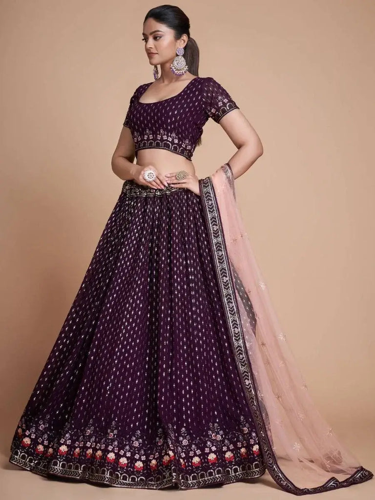 Fantastic Wine Thread Embroidery Georgette Sangeet Party Lehenga Choli