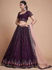 Fantastic Wine Thread Embroidery Georgette Sangeet Party Lehenga Choli