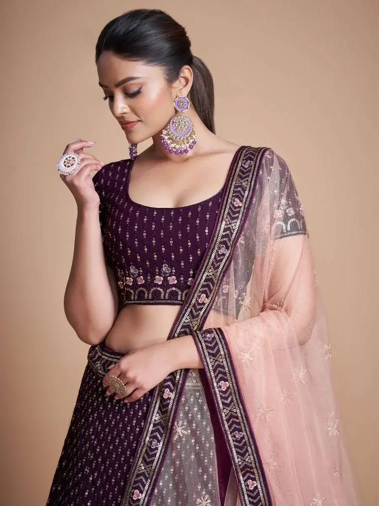 Fantastic Wine Thread Embroidery Georgette Sangeet Party Lehenga Choli