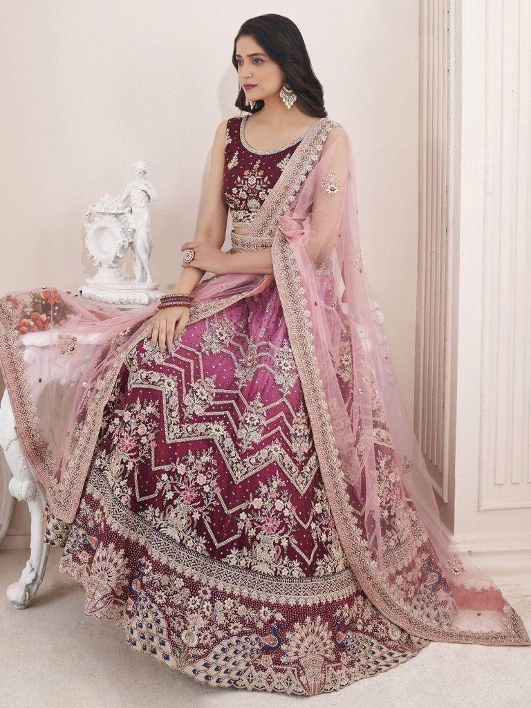 Magnificent Wine Sequined Work Net Reception Wear Lehenga Choli