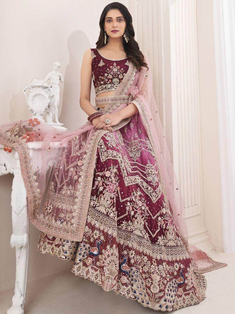 Magnificent Wine Sequined Work Net Reception Wear Lehenga Choli