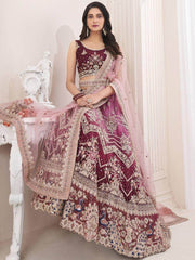 Magnificent Wine Sequined Work Net Reception Wear Lehenga Choli