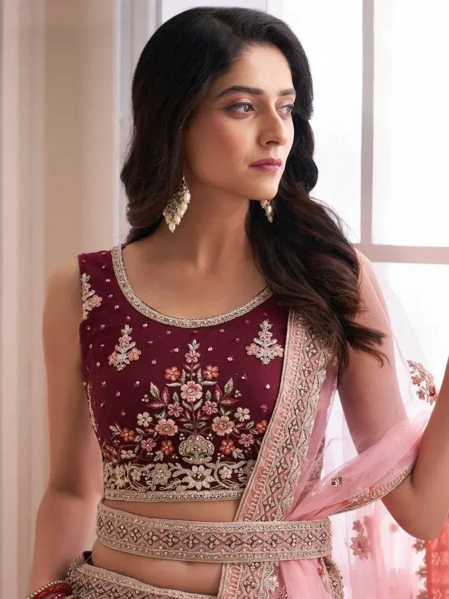 Maroon floral embroidered lehenga choli with pink dupatta, Indian ethnic wear for women