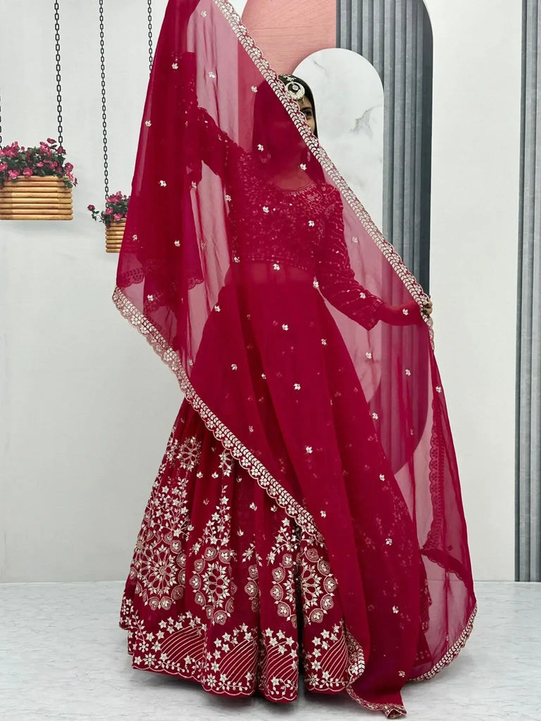 Winning Rani Pink Embroidered Georgette Reception Wear Lehenga Choli - Ethnic Plus In