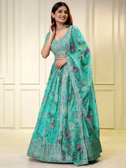 Winning Turquoise Sequins Organza Reception Wear Lehenga Choli - Ethnic Plus In