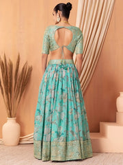 Winning Turquoise Sequins Organza Reception Wear Lehenga Choli - Ethnic Plus In