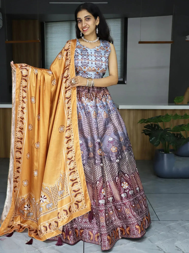 Winsome Grey Printed Art Silk Function Wear Lehenga Choli With Dupatta - Ethnic Plus In