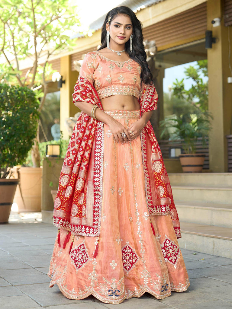 Marvelous Peach Viscose Sequins Reception Wear Lehenga Choli