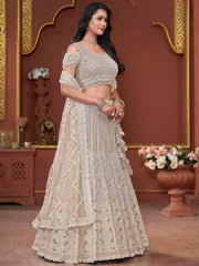 Wonderful Beige Jarkan Work Net Bridesmaid Lehenga Choli With Dupatta - Ethnic Plus In
