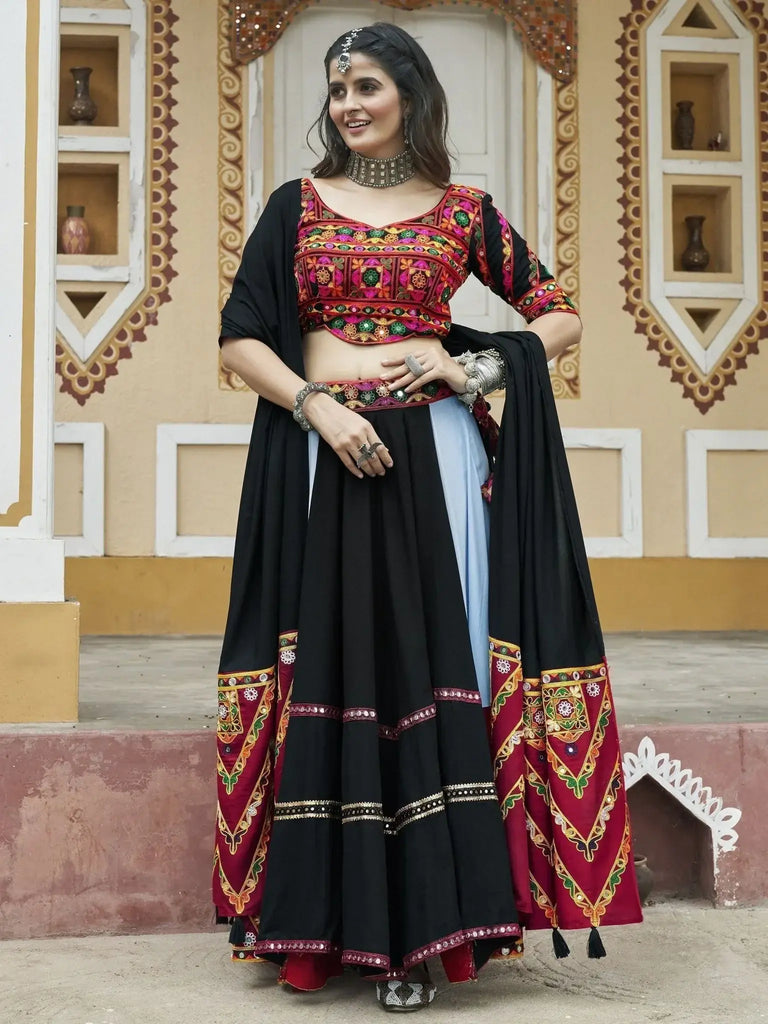 Wonderful Black And Red Embroidered Rayon Navratri Lehenga Choli - Ethnic Plus In