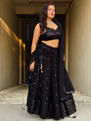 Wonderful Black Sequins Georgette Reception Wear Lehenga Choli - Ethnic Plus In