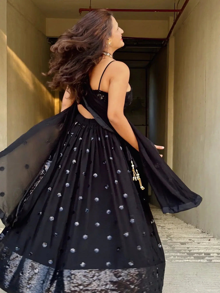 Wonderful Black Sequins Georgette Reception Wear Lehenga Choli - Ethnic Plus In