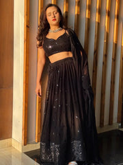 Wonderful Black Sequins Georgette Reception Wear Lehenga Choli - Ethnic Plus In